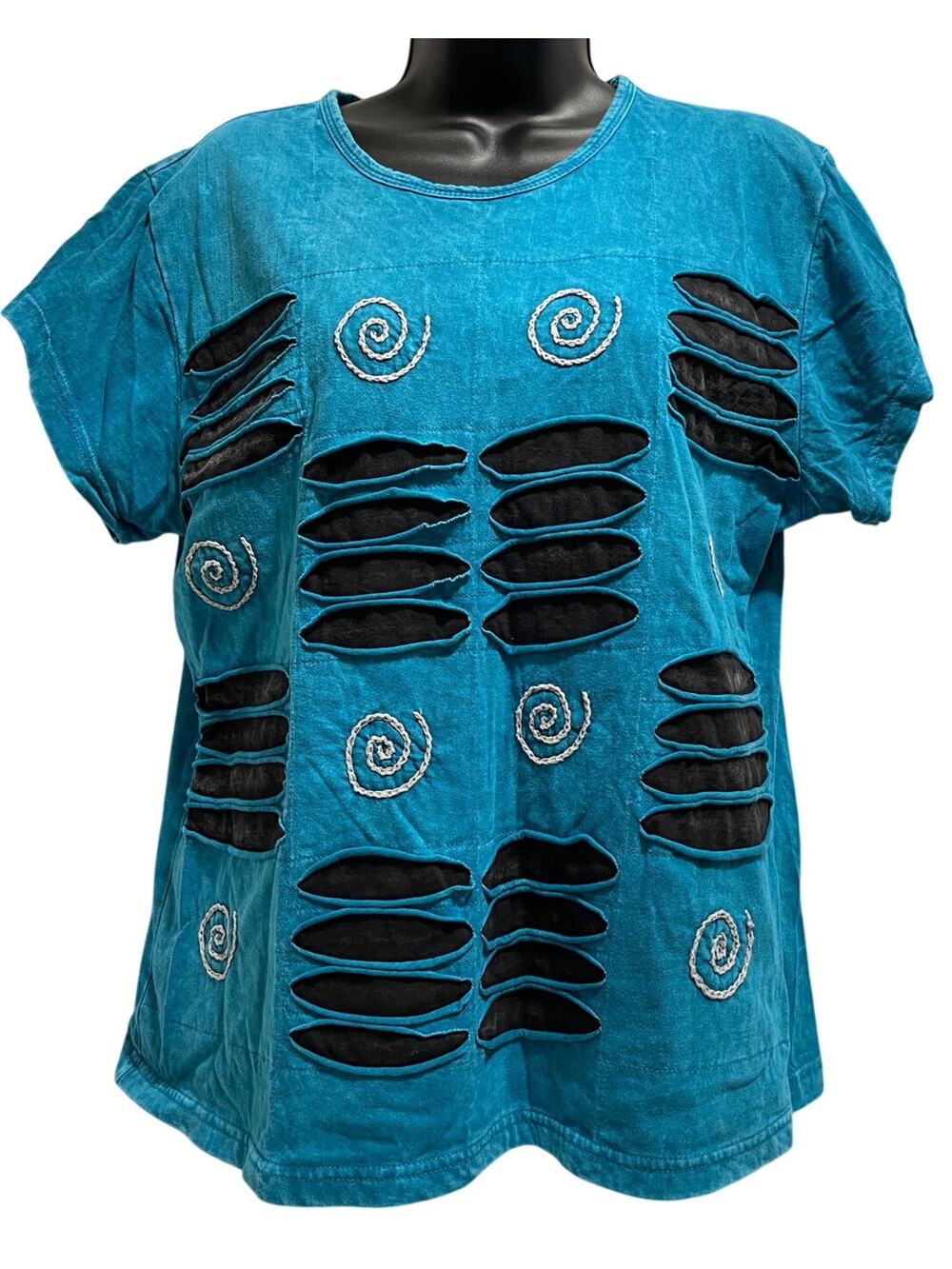 Shop Therapy Blue Black Short Sleeve Textured T-Shirt - Size S/M - Vintage 90's